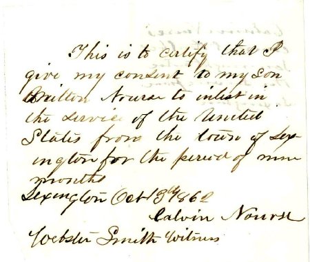 Consent for his Milton Nourse to enlist, 1862