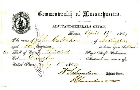 Certificate of enlistment, John Callahan, 1864