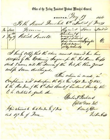 Certificate of enlistment of Patrick Purcell, 1864