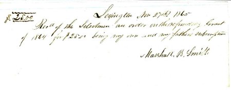 Receipt, Marshall B. Smith paid by the Selectmen, 1865