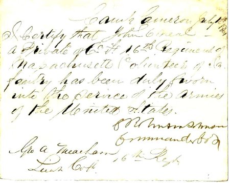 Enlistment record, John O'Neal, 1861