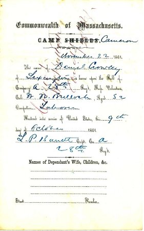 Enlistment record, Daniel Crowley, 1861