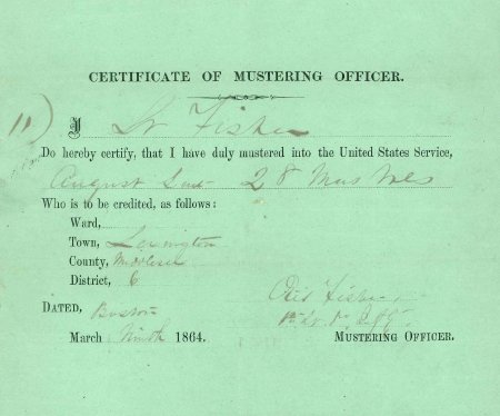 Certificate of Mustering, August Lane, 1864