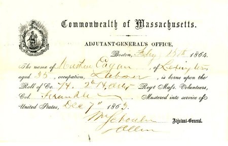 Certificate of enlistment, Matthew Egan, 1864