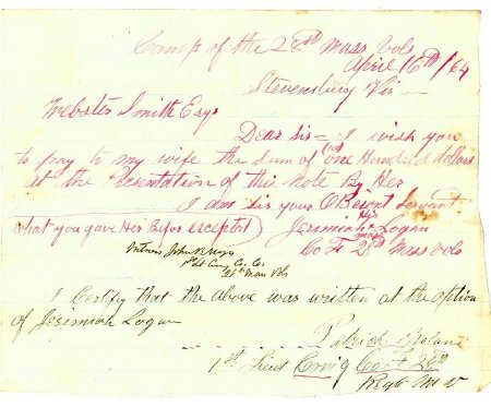 Order of Jeremiah Logan pay $100 to wife, 1864