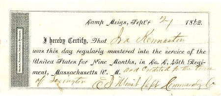 Enlistment record, Ira Kennaston, 1862