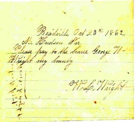 Order to pay the bounty for W. L. Wright, 1862
