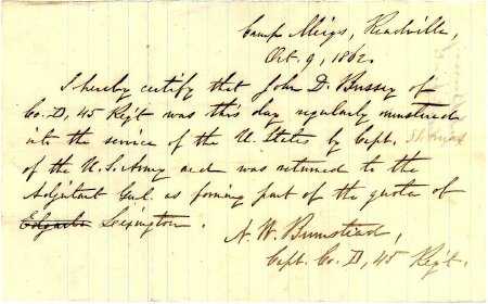 Enlistment record, John D. Bussey, October 9, 1862