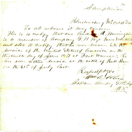 Enlistment record, Andrew A. Harrington, 1861