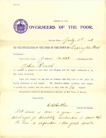 Overseers of the Poor concerning John Roach, 1896