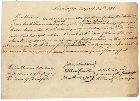Letter, Overseers of the Poor of Lexington, 1816