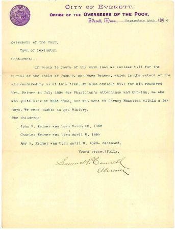 Letter, burial of the child of Reimer, 1896
