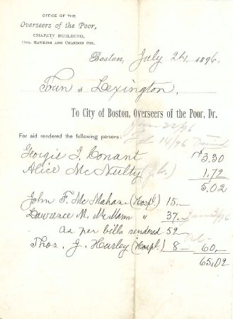 Invoice for aid rendered to several persons, 1896