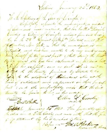 Petition of Ellen Crowley for bounty paid to dependents, 1862