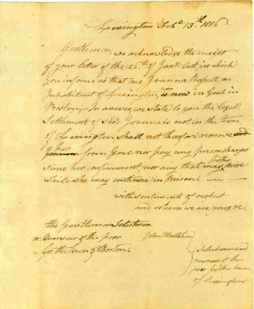 Letter, Selectmen and Overseers of the Poor of Lexington, 1816