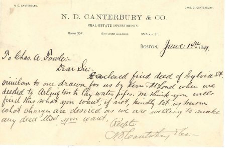 Letter, N. D. Canterbury & Co. to Lexington Selectmen, 1899