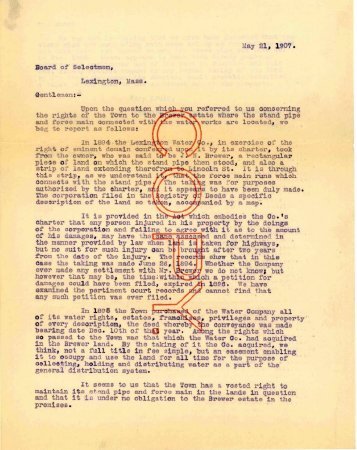 Letter, Johnson, Clapp & Underwood to Selectmen, 1907